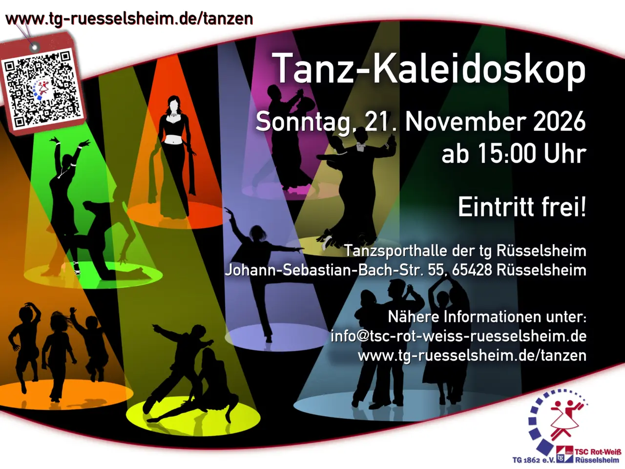 Tanz-Kaleidoskop 2026 am 21. November 2026 ab 15:00 Uhr, Tanzsporthalle der tg Rüsselsheim, Eintritt frei